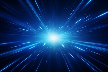 Dark abstract background with blue laser light burst motion and warp speed light lines, zooming in. Long exposure creates glowing effect. 4k. Generative AI