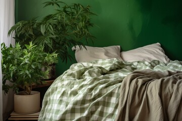 Bed with green & white blanket, potted plant, green wall in the background. Generative AI