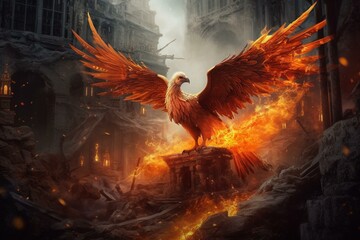 a fiery phoenix emerging from ruins. Generative AI