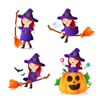 Set of illustration of a girl in witch costume vector flat illustration. Collection of cute funny halloween cartoon witch character with different poses on white background.