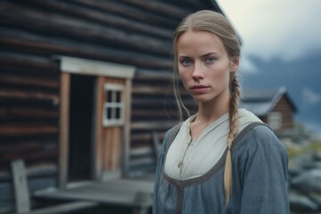 Obraz premium Portrait of a Fictional Traditional Scandinavian Woman in the Fjord. Generative AI.