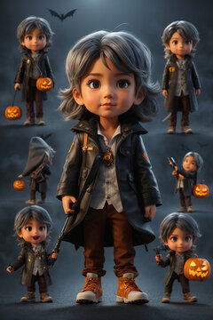 Venon helloween character,children's bool illustration style,multiple poses and exxpressions,showdown and light,simple, 3D, cuts, full colour,black shose,gray hairno,Vector ,stiker,background wite, 2D