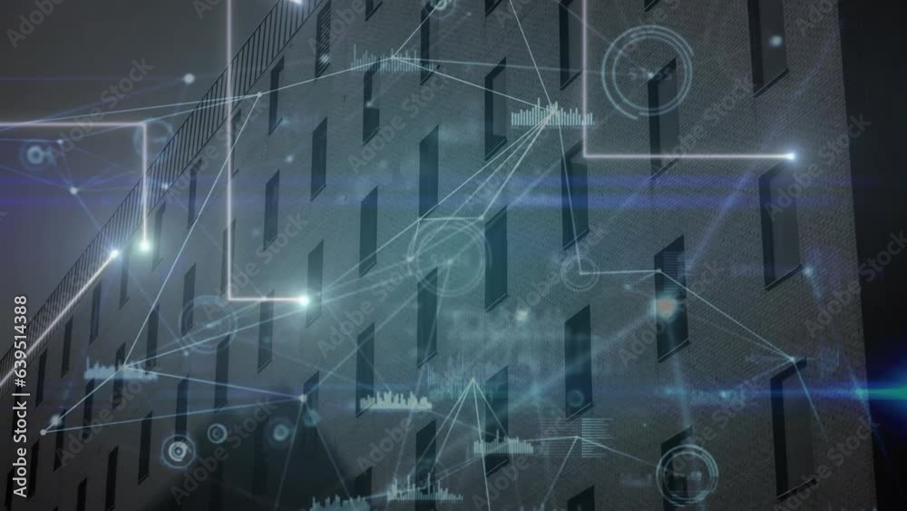 Poster animation of lines with connected dots and graph icons over modern building