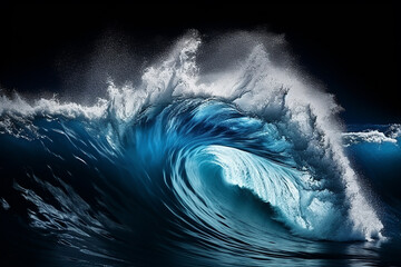 Large stormy sea wave in deep blue, isolated on white.
