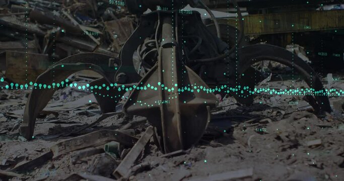Animation of multiple graphs with changing numbers, close up of claw of crane in junkyard