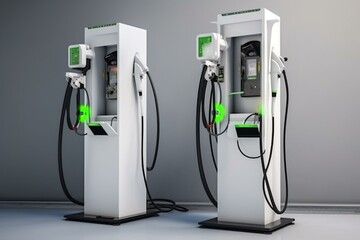 Charging stands and units for electric vehicles, car charging nozzles and petrol pump adapters. Generative AI