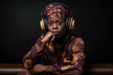 Confused Sad Indignant African Woman Wear A Tracksuit And Headphones. Сoncept Confused African Woman, Sad African Woman, Indignant African Woman, Tracksuit And Headphones - obrazy, fototapety, plakaty