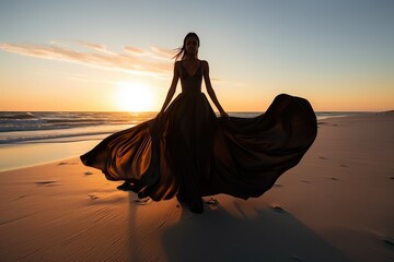Fototapeta na wymiar Fashion Portrait African Woman Wear Black Long Dress Happy Dancing On A White Sand Beach At Sunset . Сoncept Fashion, African Women, Black Long Dresses, Beach Sunsets