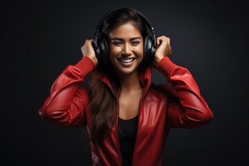 Happiness Asian Woman Wear A Tracksuit And Headphones. Сoncept Asian Representation In Media, Tracksuits As Everyday Wear, Comfortable Expression Of Fashion, Joyful Representation Of Music