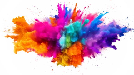 Fotobehang Multicolored explosion of rainbow holi powder paint isolated on white background.  © Teerasak