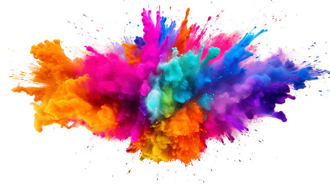 Multicolored explosion of rainbow holi powder paint isolated on white background. 