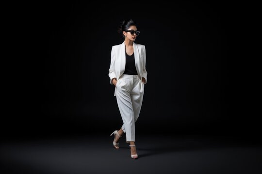 Asian Woman Wear Elegant White Suit Sunglasses Walking On Black Background. Сoncept Asian Style Fashion, Elegant White Suits, Sunglasses Trends, Black Background