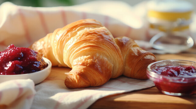 Croissants with jam and butter on a white cloth