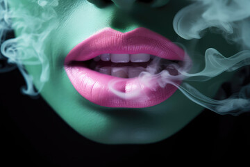 Naklejka premium Thick cigarette smoke bursts from the pink woman's lips