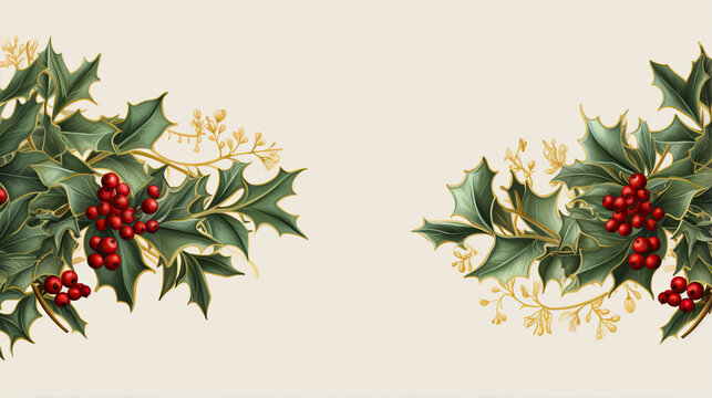 Illustation of holly leaves and berries in a Christmas frame