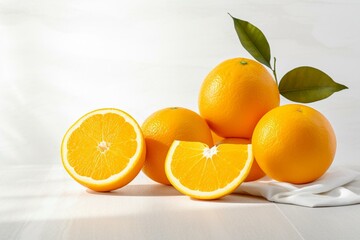 Freshly squeezed oranges on a simple white backdrop. Generative AI