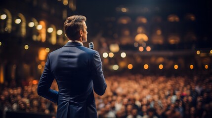 Motivational speaker standing on stage in front of audience for motivation speech on conference or business event.