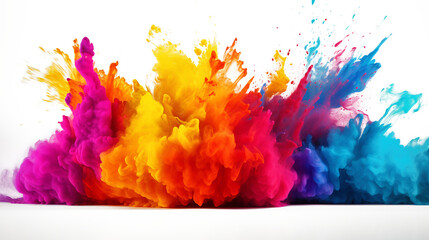 Multicolored explosion of rainbow holi powder paint isolated on white background. 