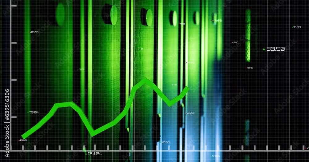 Poster animation of graphs with changing numbers over data server racks in server room