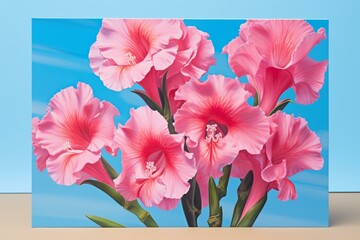 Bright pink Gladioli on azure greeting card. Generative AI