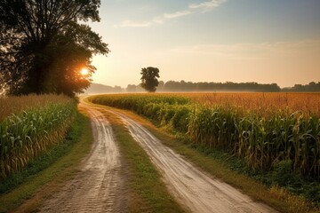 Fototapeta na wymiar Morning view of a rural road and corn fields in Towanda, Illinois. Generative AI