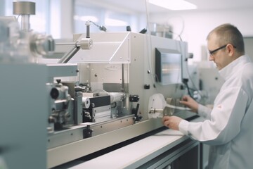 European scientist on high tech factory assembly line smartphone manufacturing electronics factory microchip production engineering mechanics technicians industrial warehouse technology labor workers