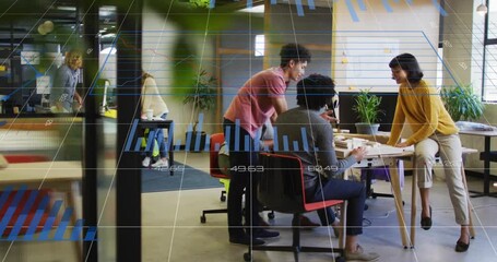 Animation of graphs, loading circles, changing numbers, diverse coworkers sharing ideas in office