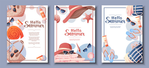 Obraz premium Flyer set with beach accessories.. Poster with wicker bag, hat, glasses and cream. Summer vacation, beach vibe, relaxation. Banner, poster, A4 postcard for advertising.