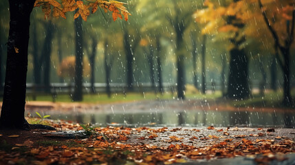 landscape autumn rain drops splashes in the forest background, october weather landscape beautiful...