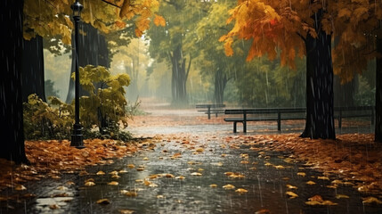 landscape autumn rain drops splashes in the forest background, october weather landscape beautiful park. - obrazy, fototapety, plakaty