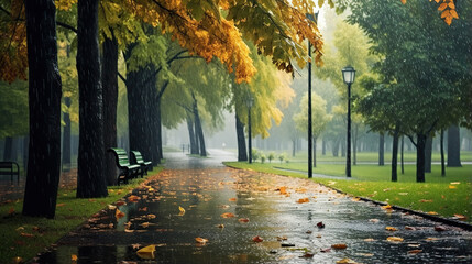 landscape autumn rain drops splashes in the forest background, october weather landscape beautiful park. - obrazy, fototapety, plakaty
