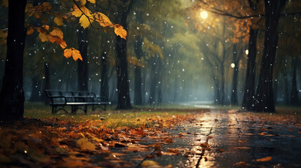 landscape autumn rain drops splashes in the forest background, october weather landscape beautiful park.