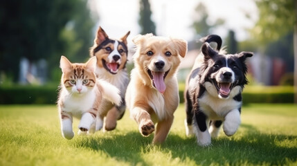 Cute funny dog and cat group jumps and running and happily a field blurred background - obrazy, fototapety, plakaty