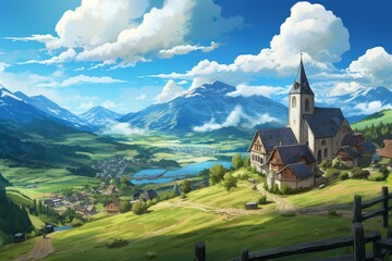 Fototapeta na wymiar A picturesque anime town featuring a quaint mountain hamlet and a mesmerizing hilltop church. Generative AI