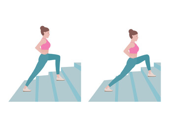 Stair workout: Exercises you can do at every staircase you find.
With Stair Lunge posture. what to do Climb up a flight of steps, taking two steps with each lunge. vector illustration in cartoon style