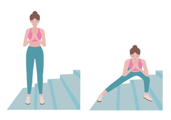 Stair workout: Exercises you can do at every staircase you find.
Benefits, doing side Lunges is  strengthening the inner thigh and glute. Isolated vector illustration in cartoon style. 