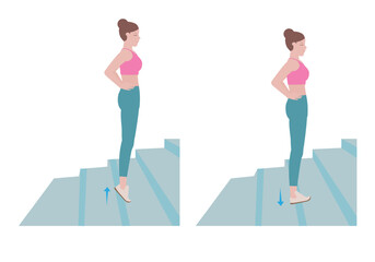 Stair workout: Exercises you can do at every staircase you find.
Stand on a step so your heel can drop lower than the rest of your foot at the bottom of the movement. with Calf raises posture. vector 