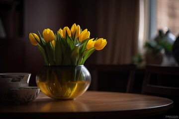 A bouquet of yellow tulips in a vase on a wooden table interior decoration