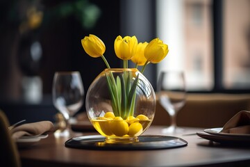 A bouquet of yellow tulips in a vase on a wooden table interior decoration