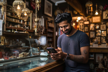 A creative shop owner crafting engaging social media content on their laptop while promptly responding to messages on their phone.