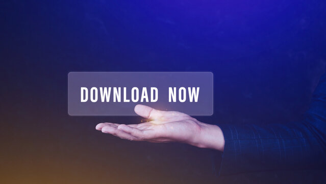 Businessman holding button download now on virtual screens, business, technology, internet and networking concept.