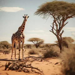 Fototapeten Alone giraffe standing in the middle of a desert © Stockify