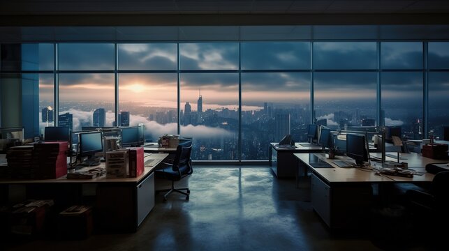 Modern office interior, panoramic window view