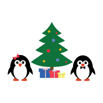 Cute penguin set and christmas fir tree. Vector illustration, flat design.
