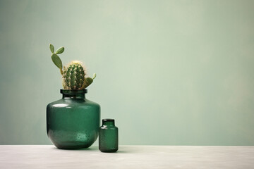 Minimalistic still life with green glass vase and mini cactus plants