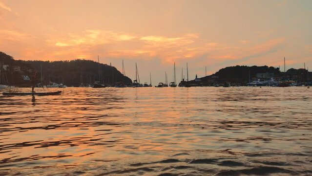 Majorca. Spain. Panorama of the Spanish city of Port Soller. Summer. Yachts in the bay.	