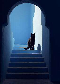 cat on stairsin Grecee. Black Cat on Stairway to Sky: A Portal Between Worlds