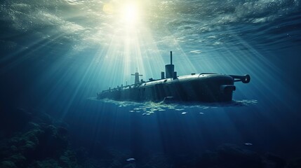 Submarine in the depths of the sea, sun rays under water. Created with Generative Ai technology.