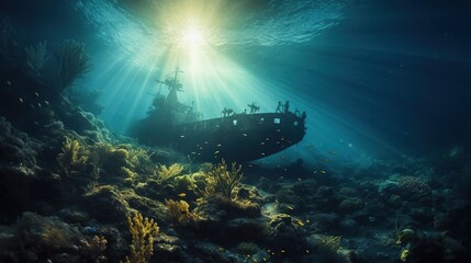 Submarine in the depths of the sea, sun rays under water. Created with Generative Ai technology.