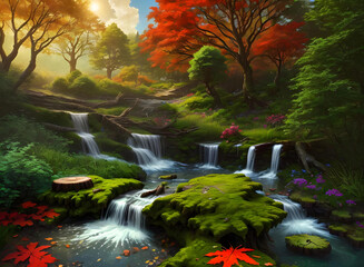 a beautiful waterfall in autumn forest ai generated